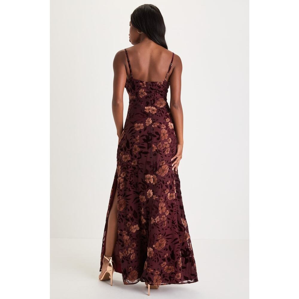 Lulus Effortless Celebration Burgundy Floral Burnout A-Line Dress Resort Small - Picture 3 of 10